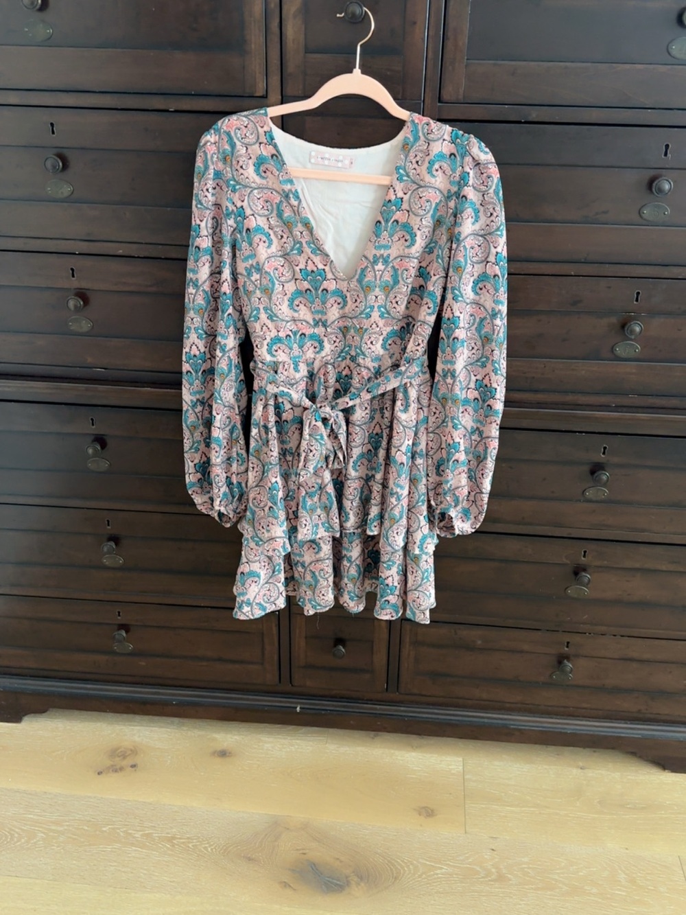 Traffic People Teal and Pink Paisley Wrap Mini Dress